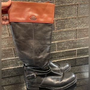 Coach Brand Leather Knee High Riding Boots Black & Tan 9.5 Shoes